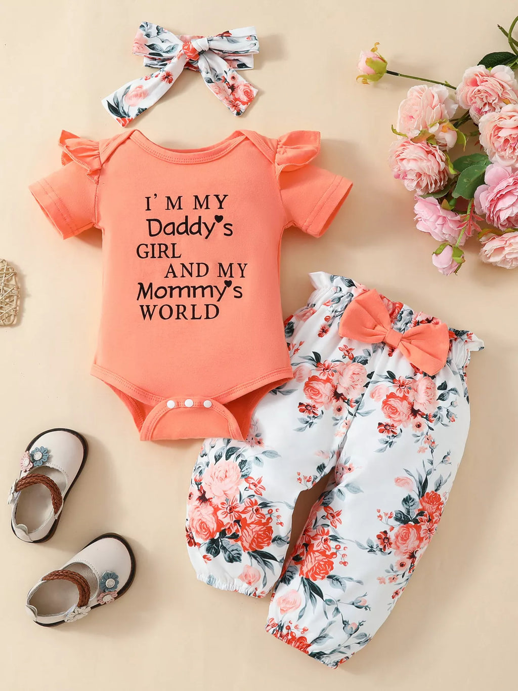Children's Ruffled Bodysuit & Pants Set with Headband