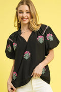 Umgee Floral Embroidered Puff Sleeve Blouse