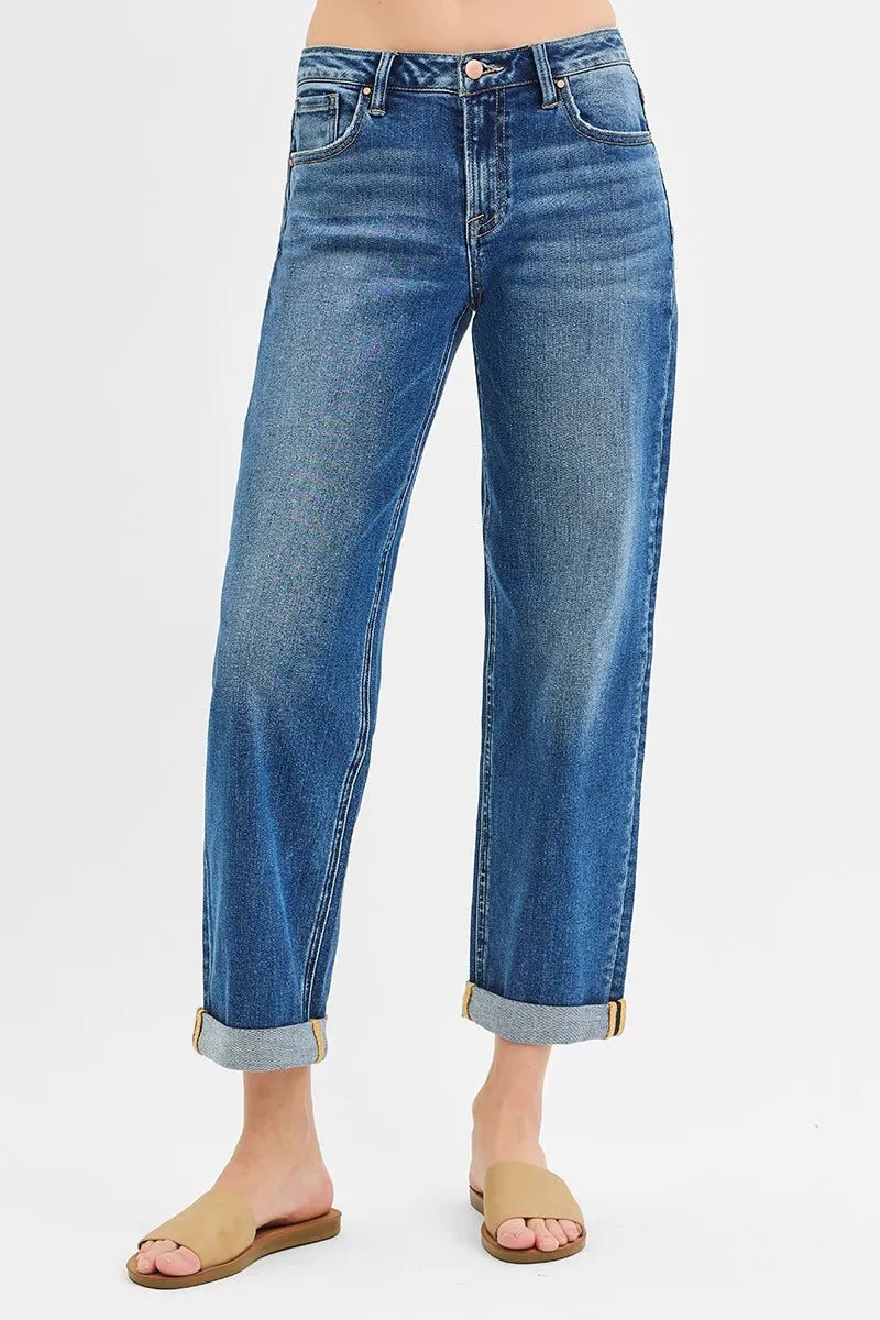 RISEN Full Size Mid Rise Boyfriend Roll Up Jeans Plus Size