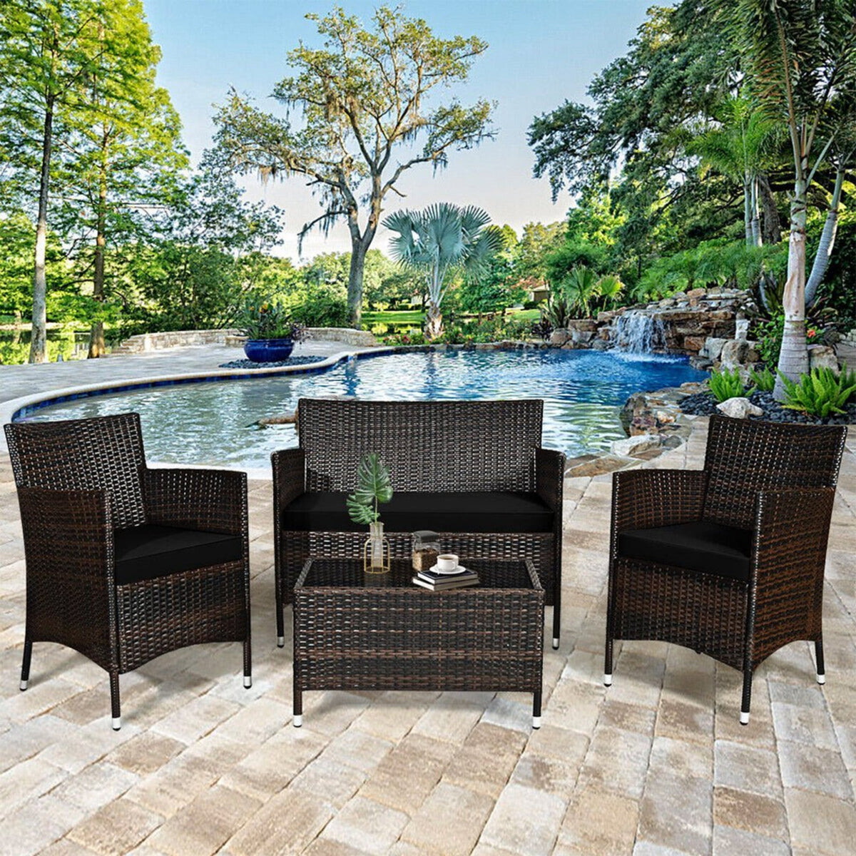 4-Piece Outdoor Rattan Patio Furniture Set With Cushions &