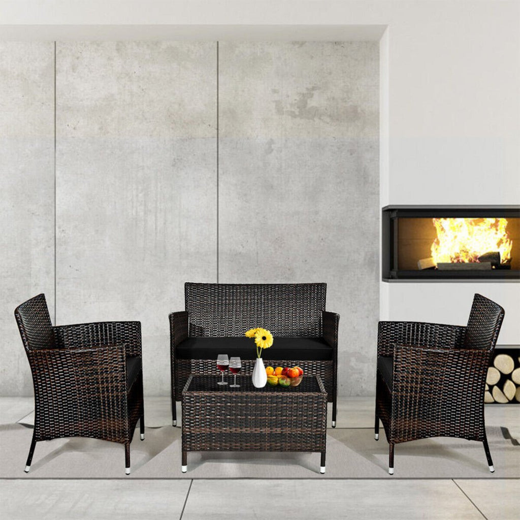 4-Piece Outdoor Rattan Patio Furniture Set With Cushions &