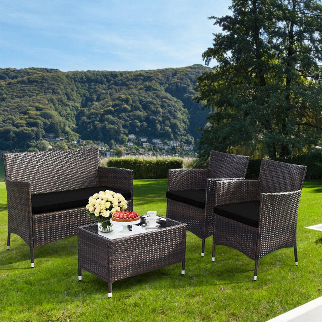 4-Piece Outdoor Rattan Patio Furniture Set With Cushions &