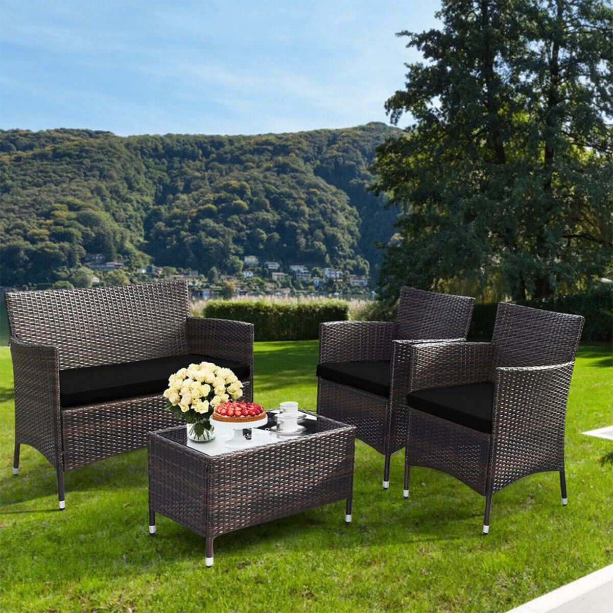 4-Piece Outdoor Rattan Patio Furniture Set With Cushions &