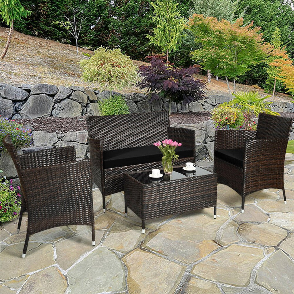 4-Piece Outdoor Rattan Patio Furniture Set With Cushions &