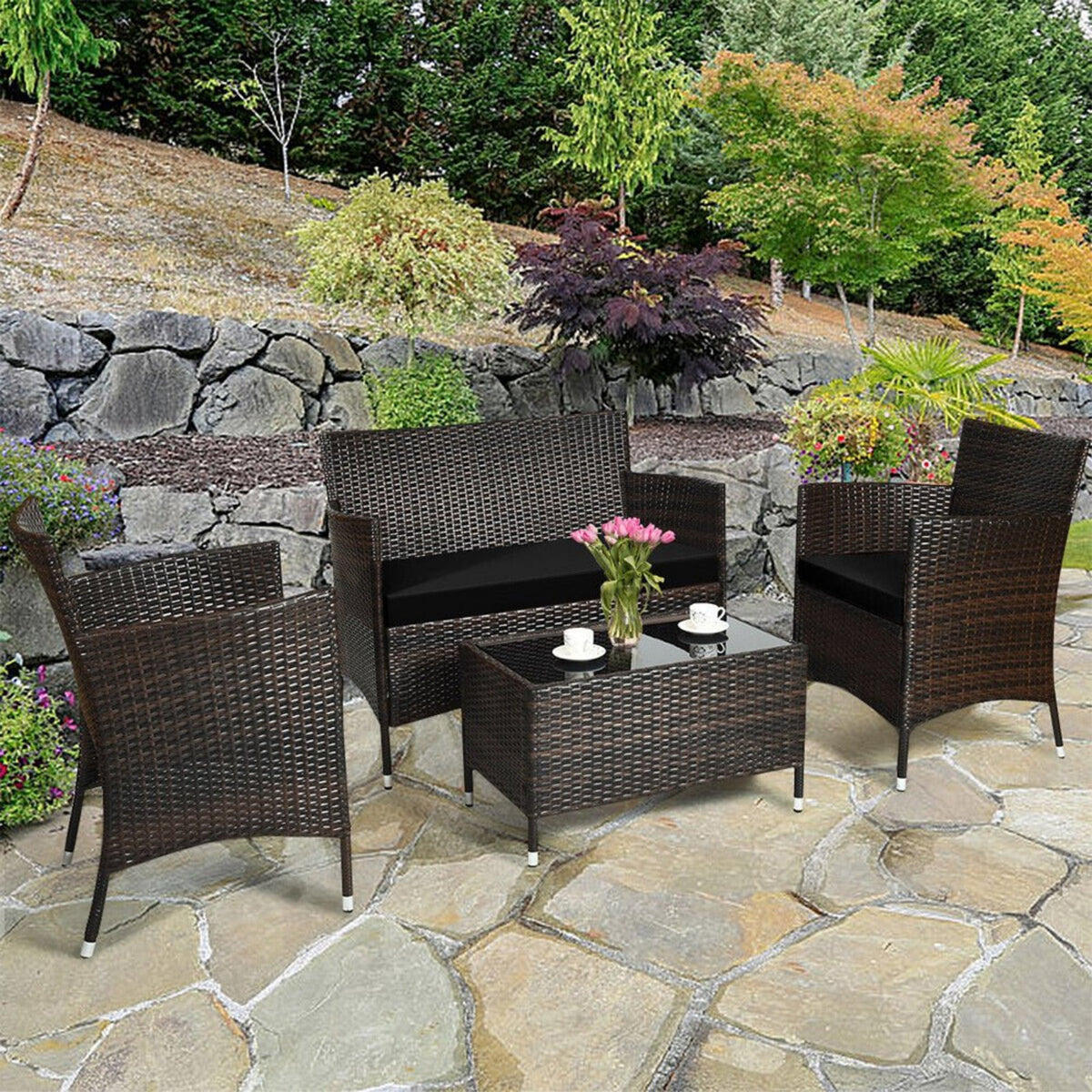 4-Piece Outdoor Rattan Patio Furniture Set With Cushions &