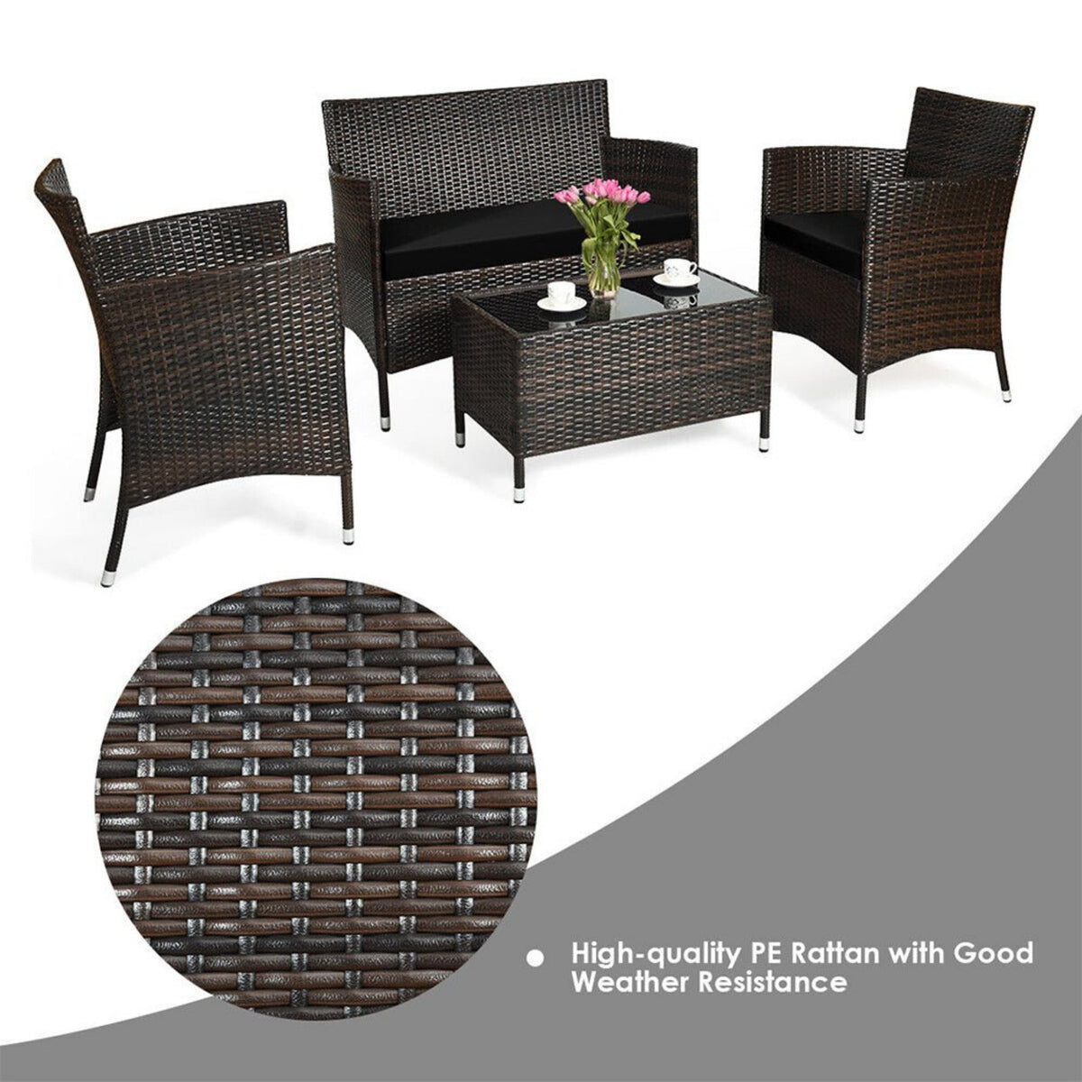 4-Piece Outdoor Rattan Patio Furniture Set With Cushions &