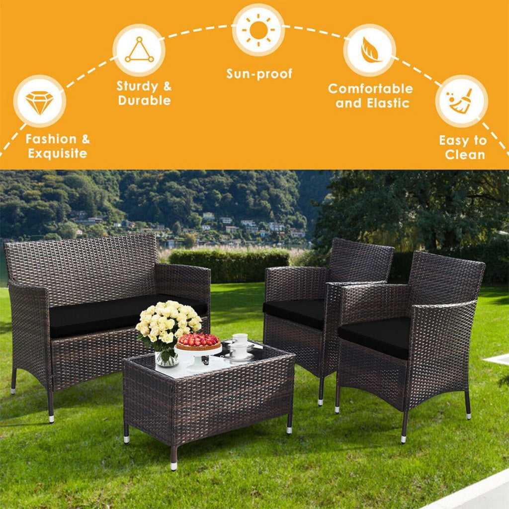 4-Piece Outdoor Rattan Patio Furniture Set With Cushions &