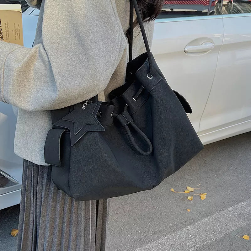 Chic Drawstring Bucket Handbag with Star Charm
