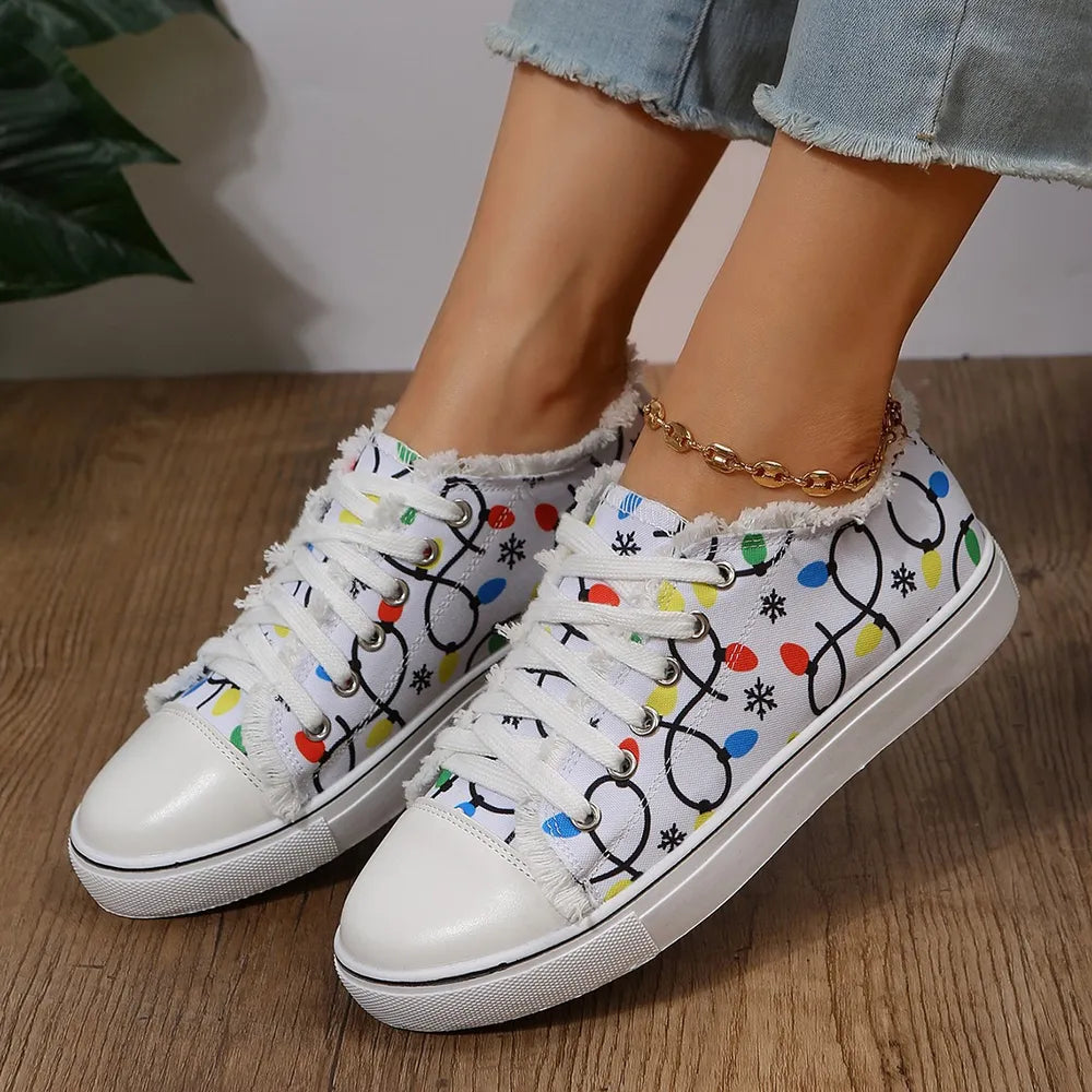 Raw Hem Printed Round Toe Sneakers