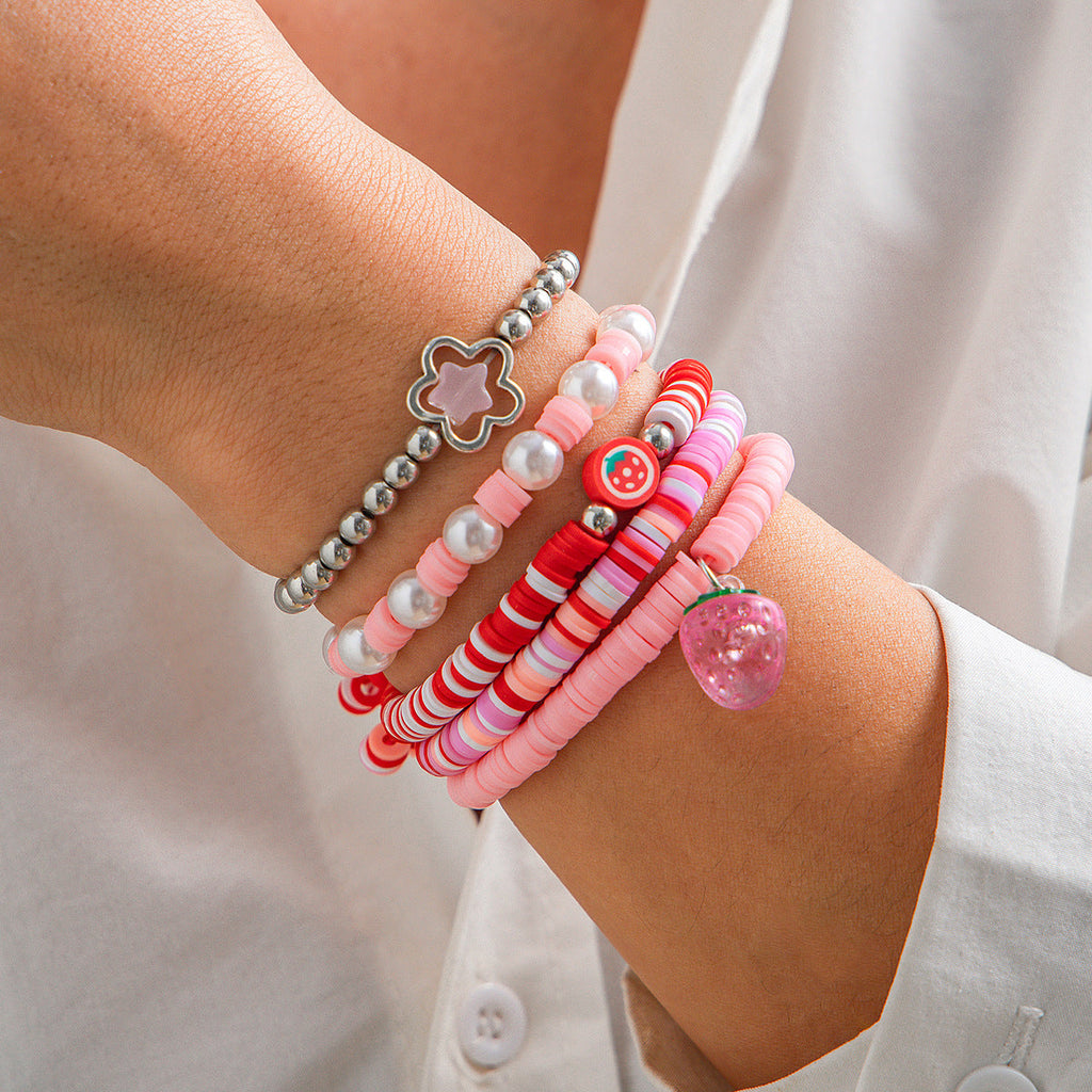 Sweet acrylic bead bracelet with cute strawberry soft ceramic CCB bracelet set