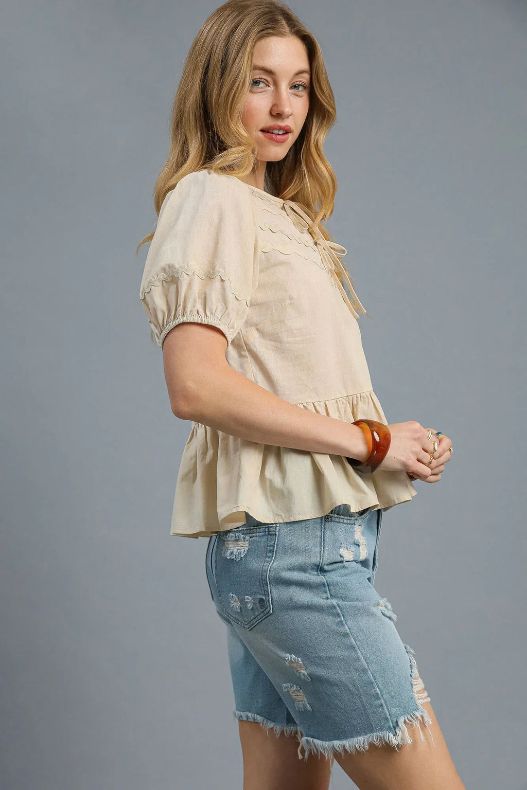 Umgee Tie Front Puff Sleeve Blouse