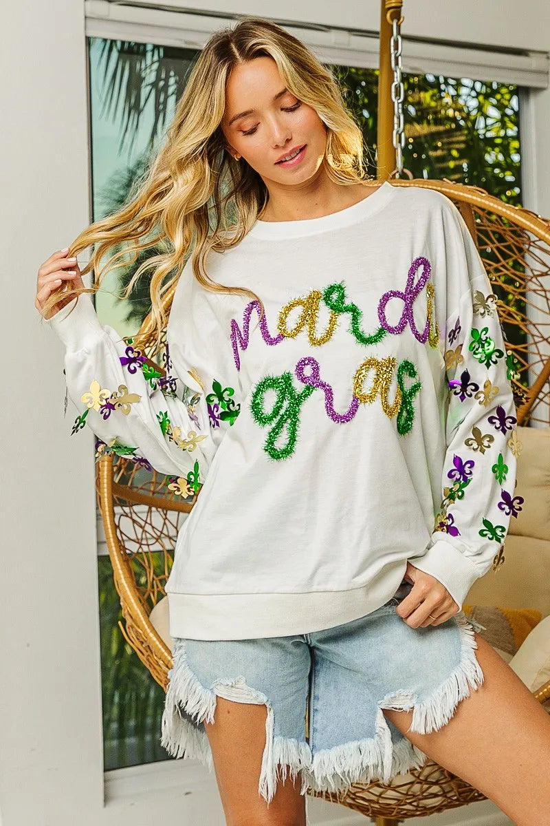 BiBi Fleur De Lis Sleeve Mardi Gras Pullover