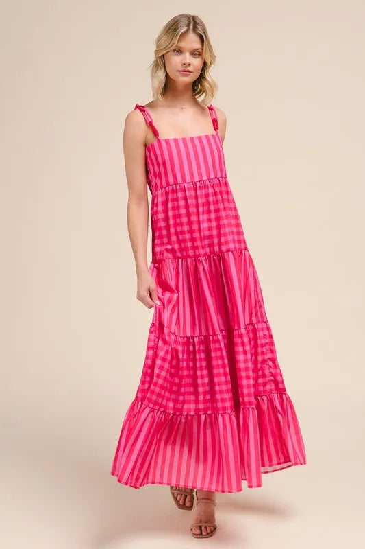 SO ME Stripe Tiered Maxi Dress with Colorful Chain Strap