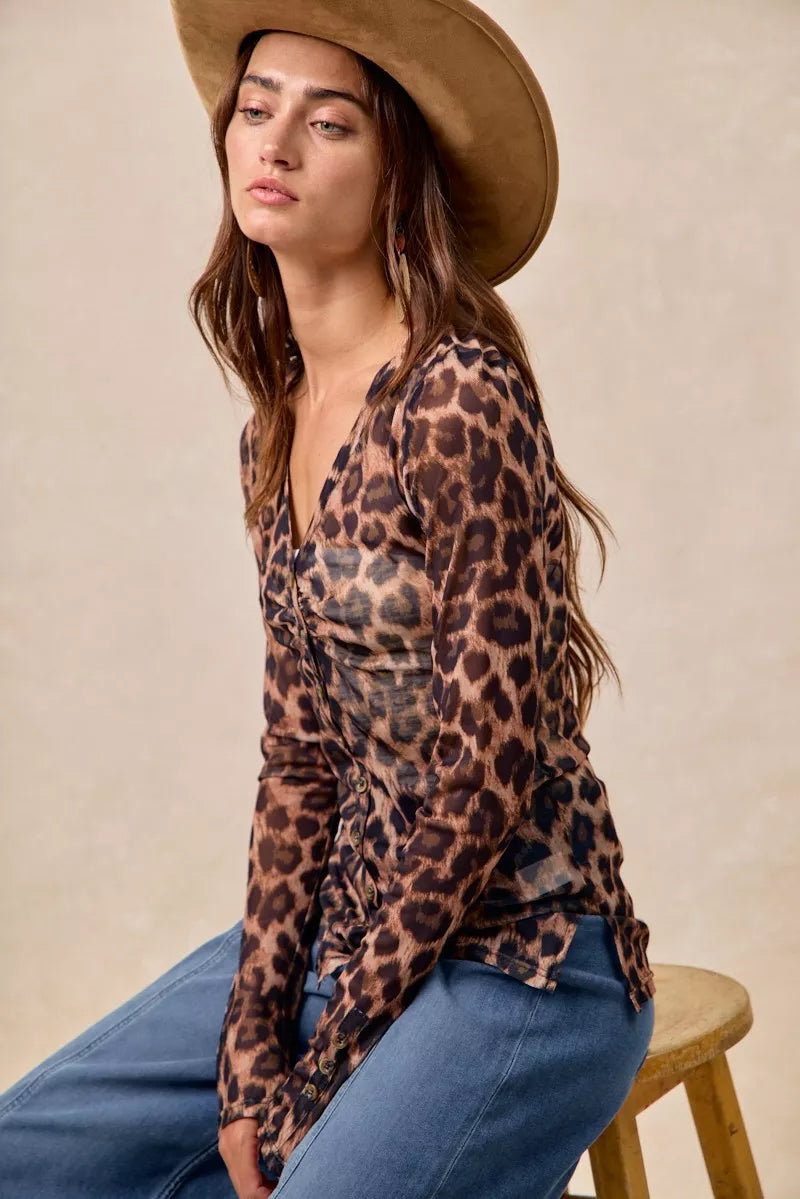 BiBi Leopard Printed Mesh Shirt With Button Up V Neck