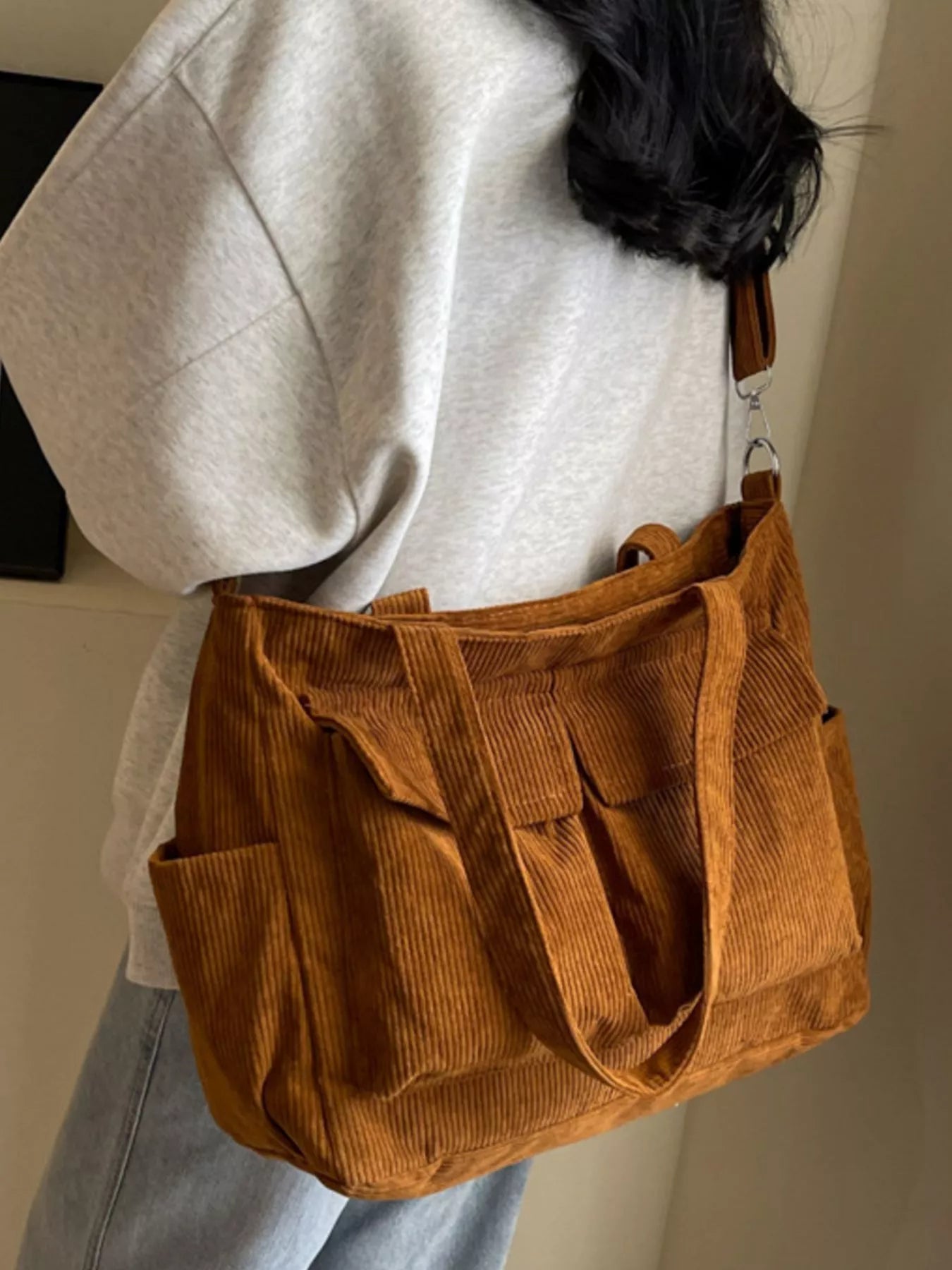 Corduroy Large Tote Bag with Adjustable Strap