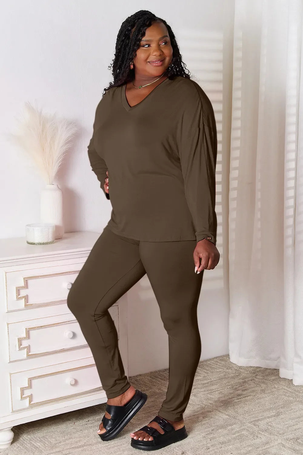 Basic Bae Bamboo Full Size V-Neck Long Sleeve Top And Pants