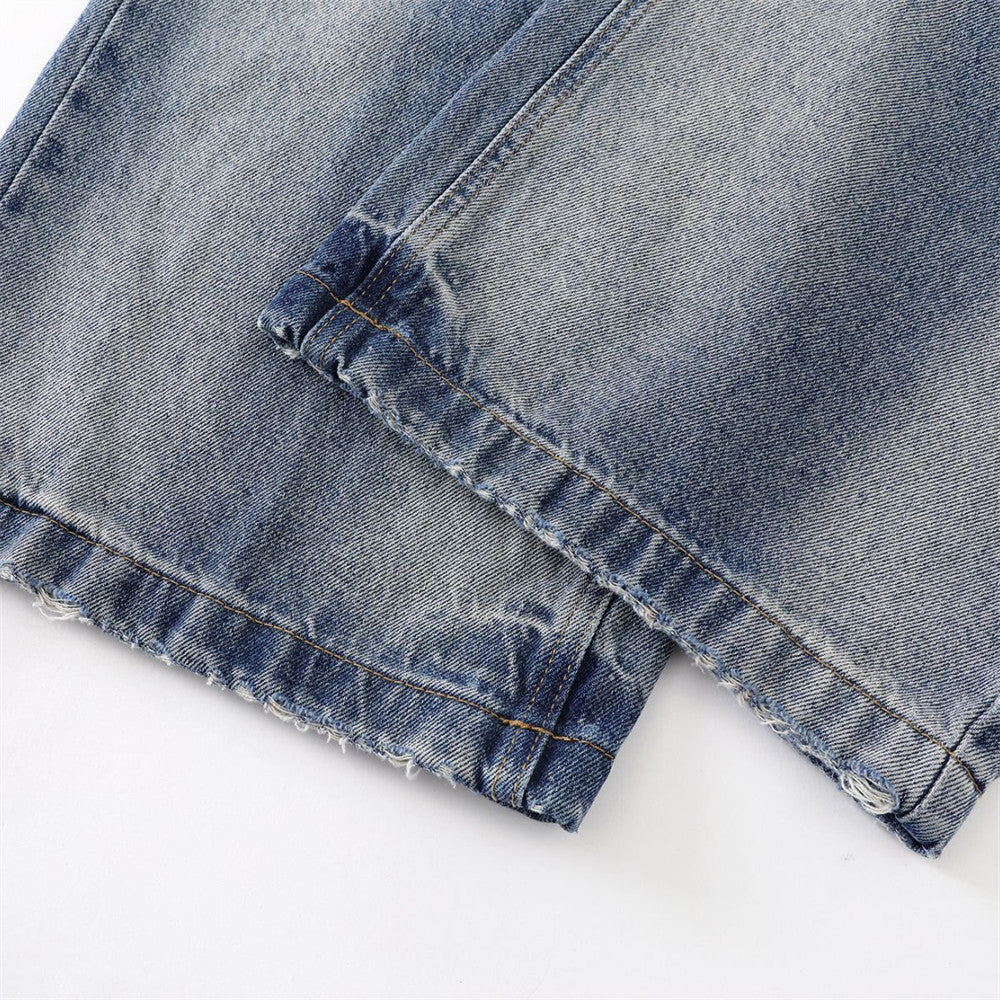 Washed Faded Denim Long Pants Clean Fit Punk Loose Wide Leg Dad Trousers Men's Distressed Ripped Straight Leg Jeans