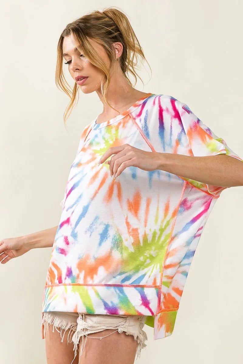 BiBi Tie Dye Print Jersey Stitched Uneven Hem Top