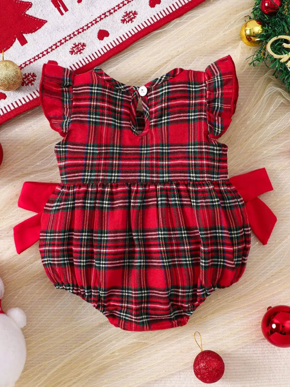 Children's Christmas Plaid Ruffle Sleeve One-Piece