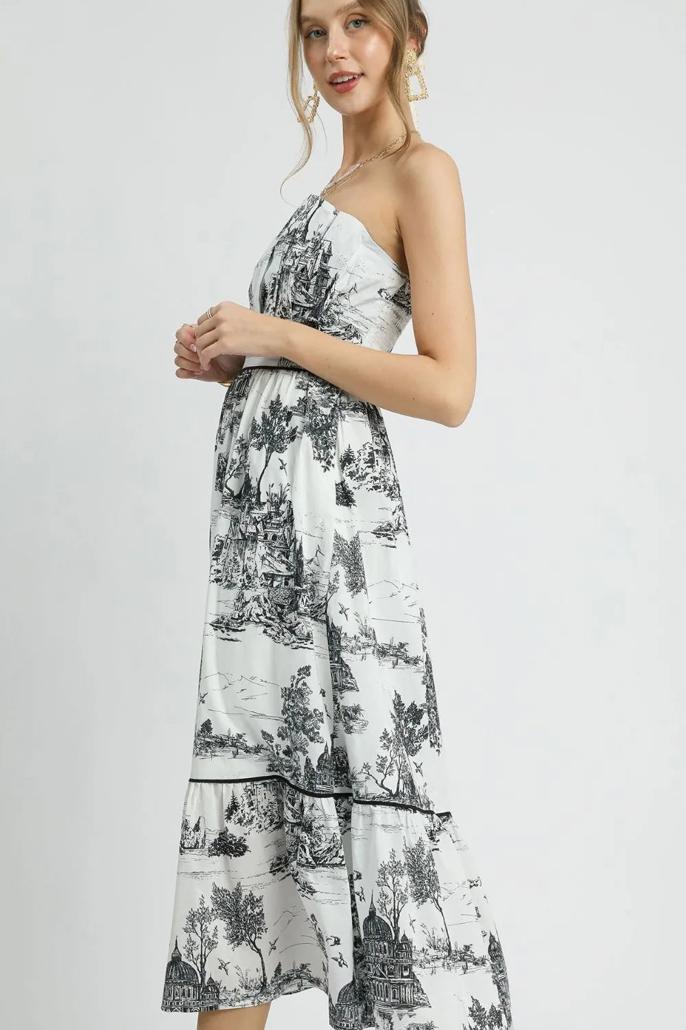Umgee Printed Tiered Tube Midi Dress
