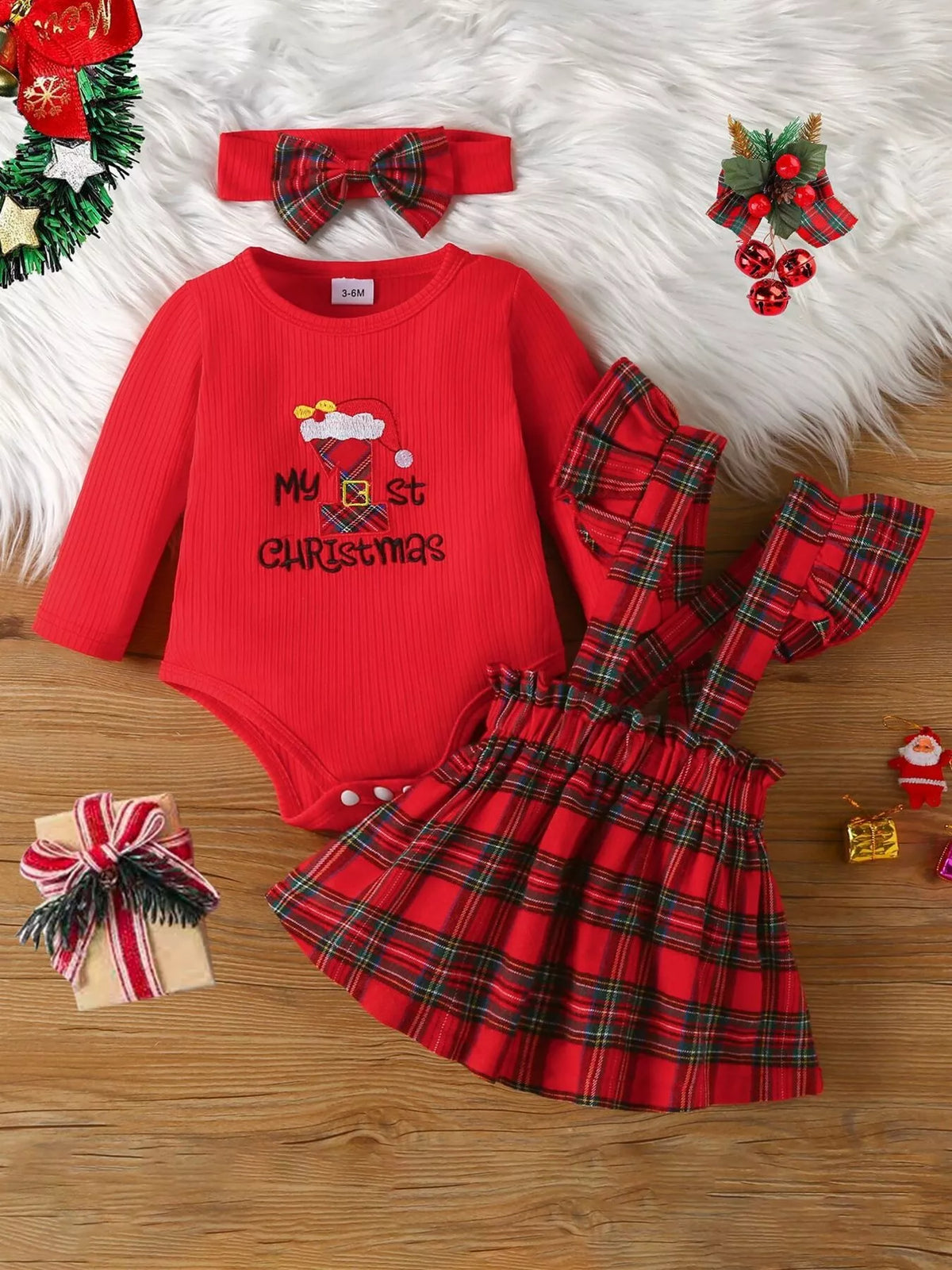 Children'S First Christmas Bodysuit And Plaid Dress Outfit Set