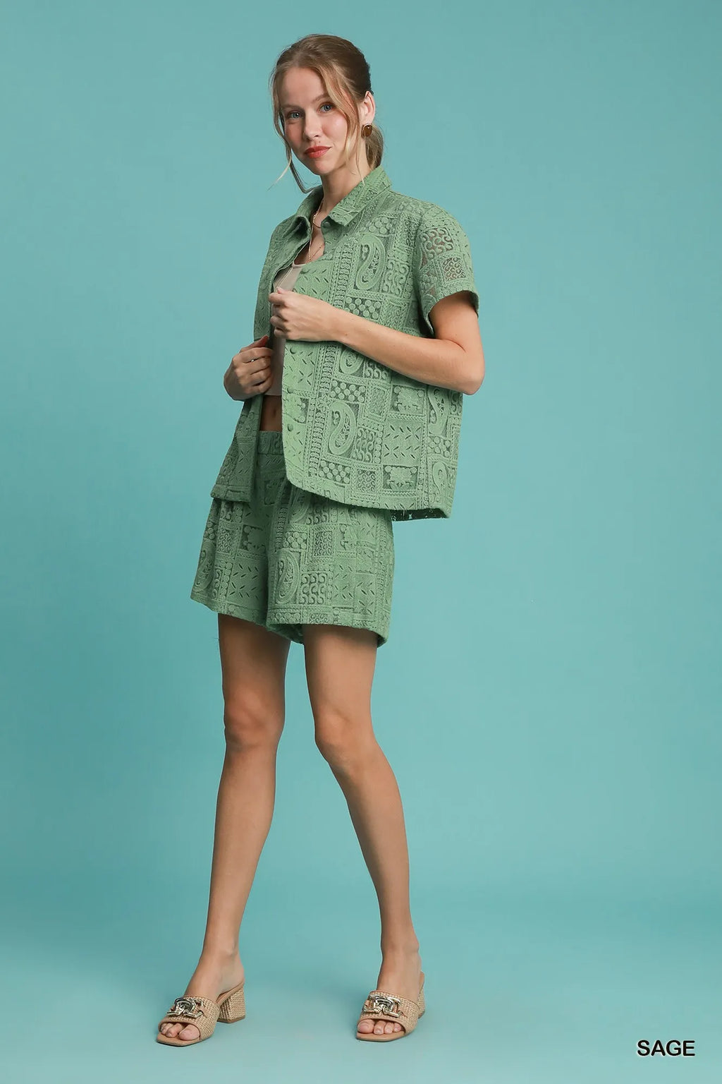 Umgee Patch Lace Short Sleeve Button Down Shirt