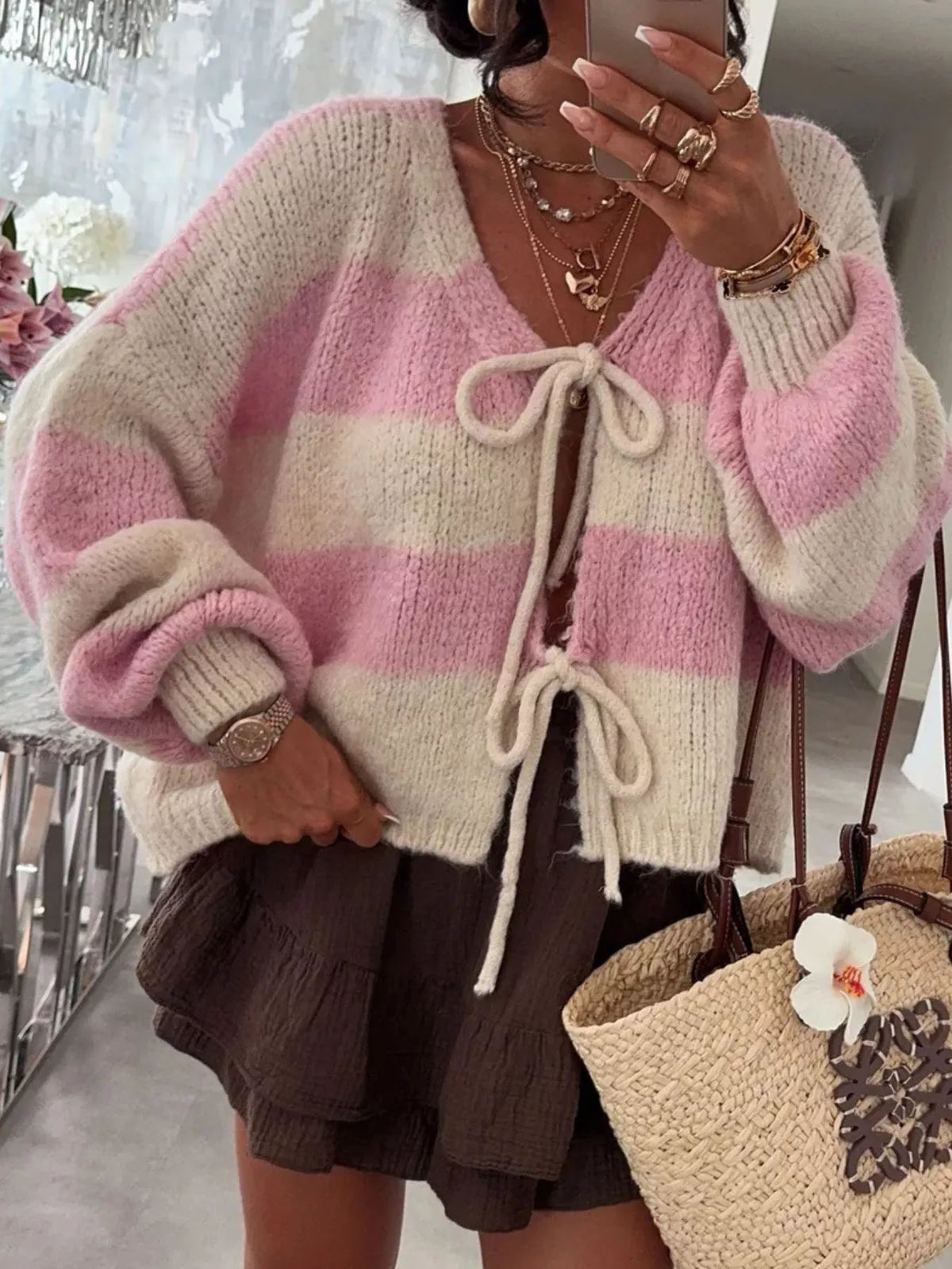 Striped Tie-Front Knit Cardigan