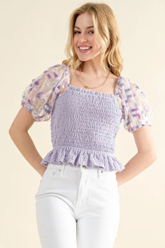 And The Why Embellishment Sleeve Smocked Top