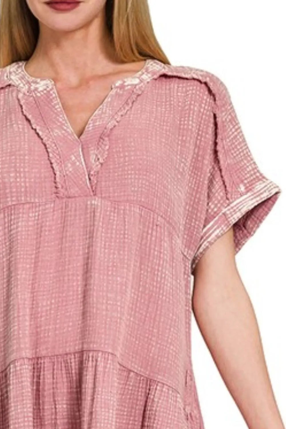 Zenana Washed Double Gauze Raw Edge V-Neck Dress