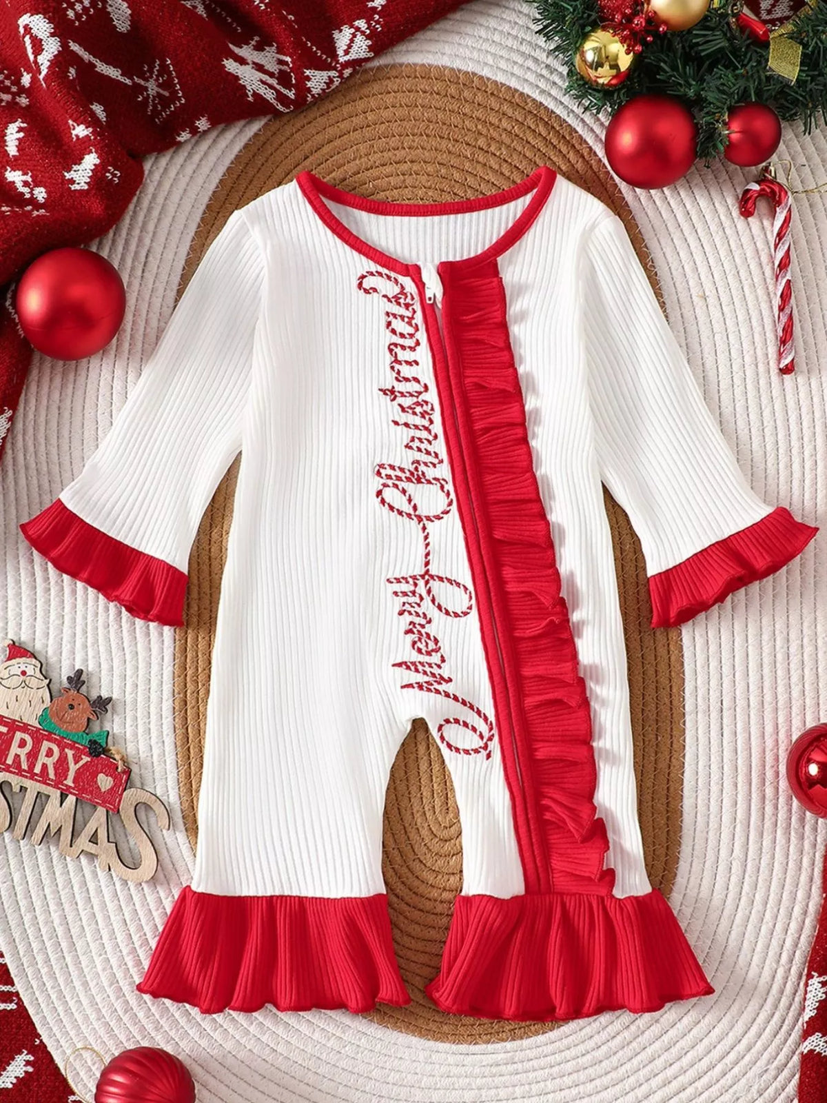 Children's Christmas Ruffle Trim Ribbed Jumpsuit
