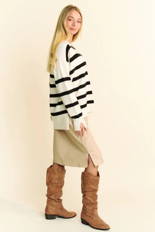 Davi & Dani High-Low Side Slit Striped Johnny Collar Sweater