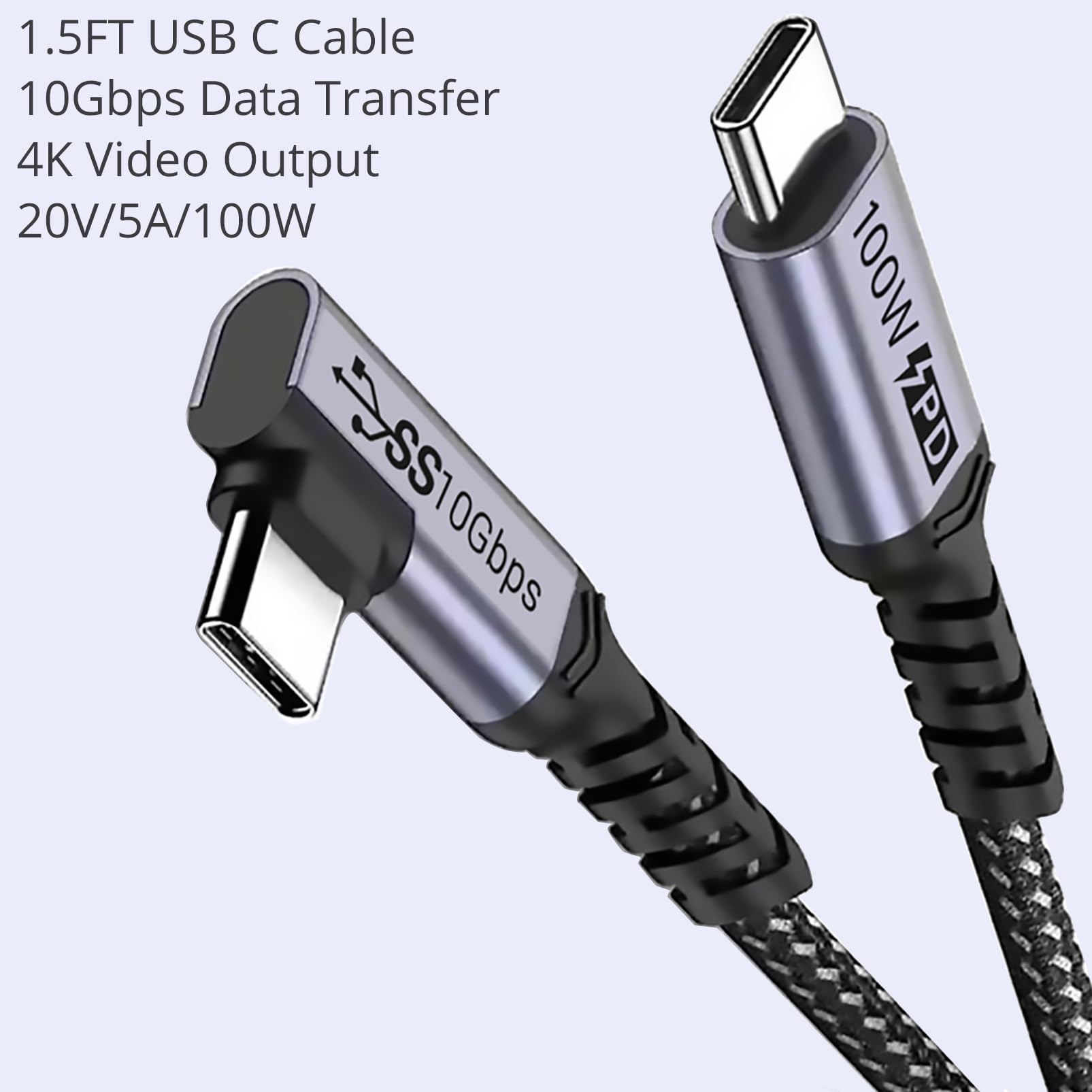 Short Usb C Cable 3.1 Right Angle [1.5Ft 2 Packs], 5A Fast Charging, 10Gbbps Hig