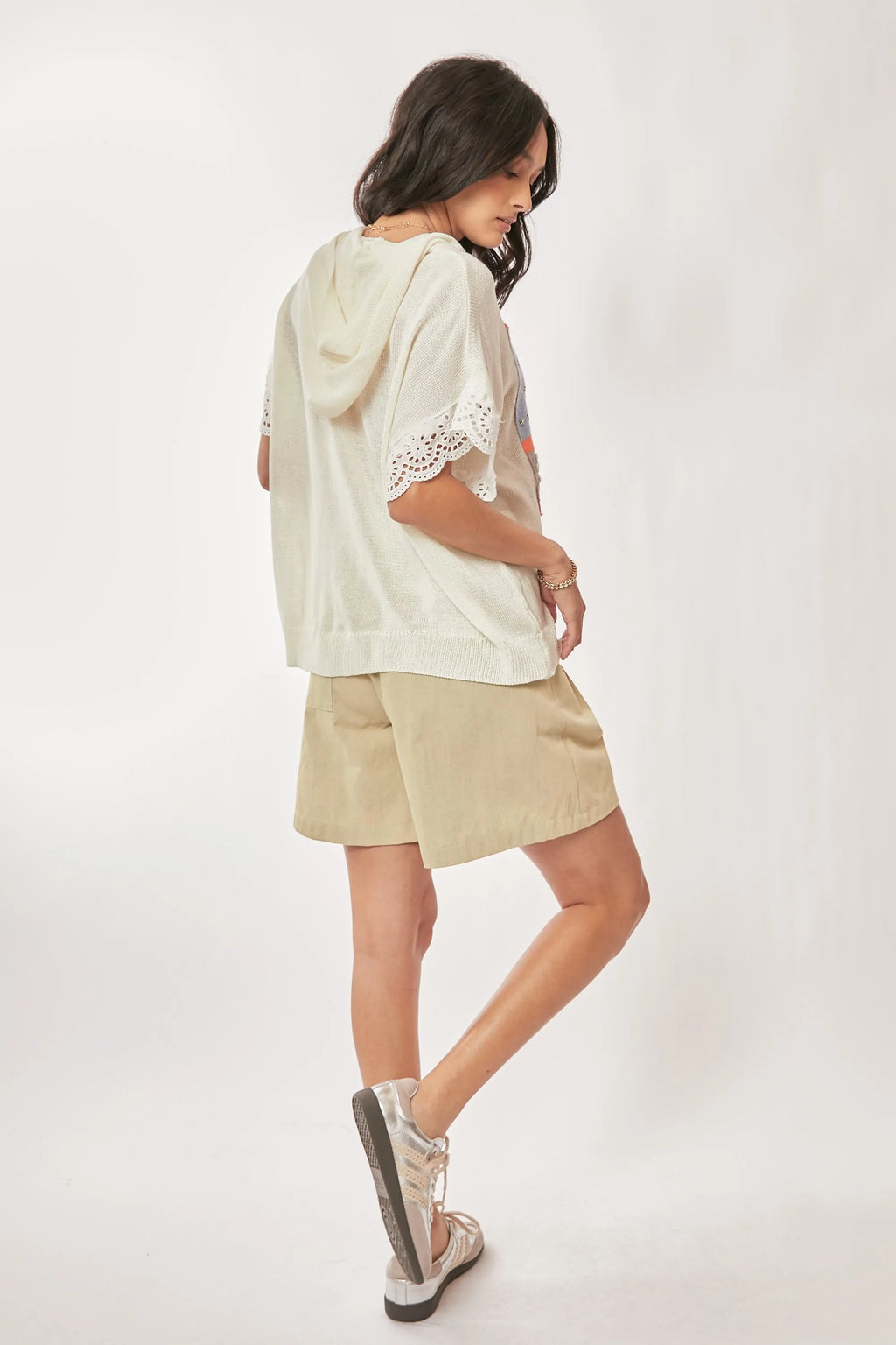 Davi & Dani American Flag Loose Fit Lace Sleeve Hoodie Top