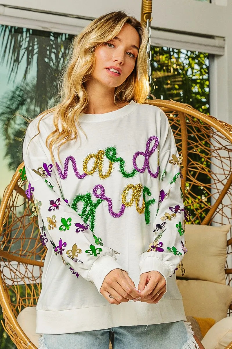 BiBi Fleur De Lis Sleeve Mardi Gras Pullover