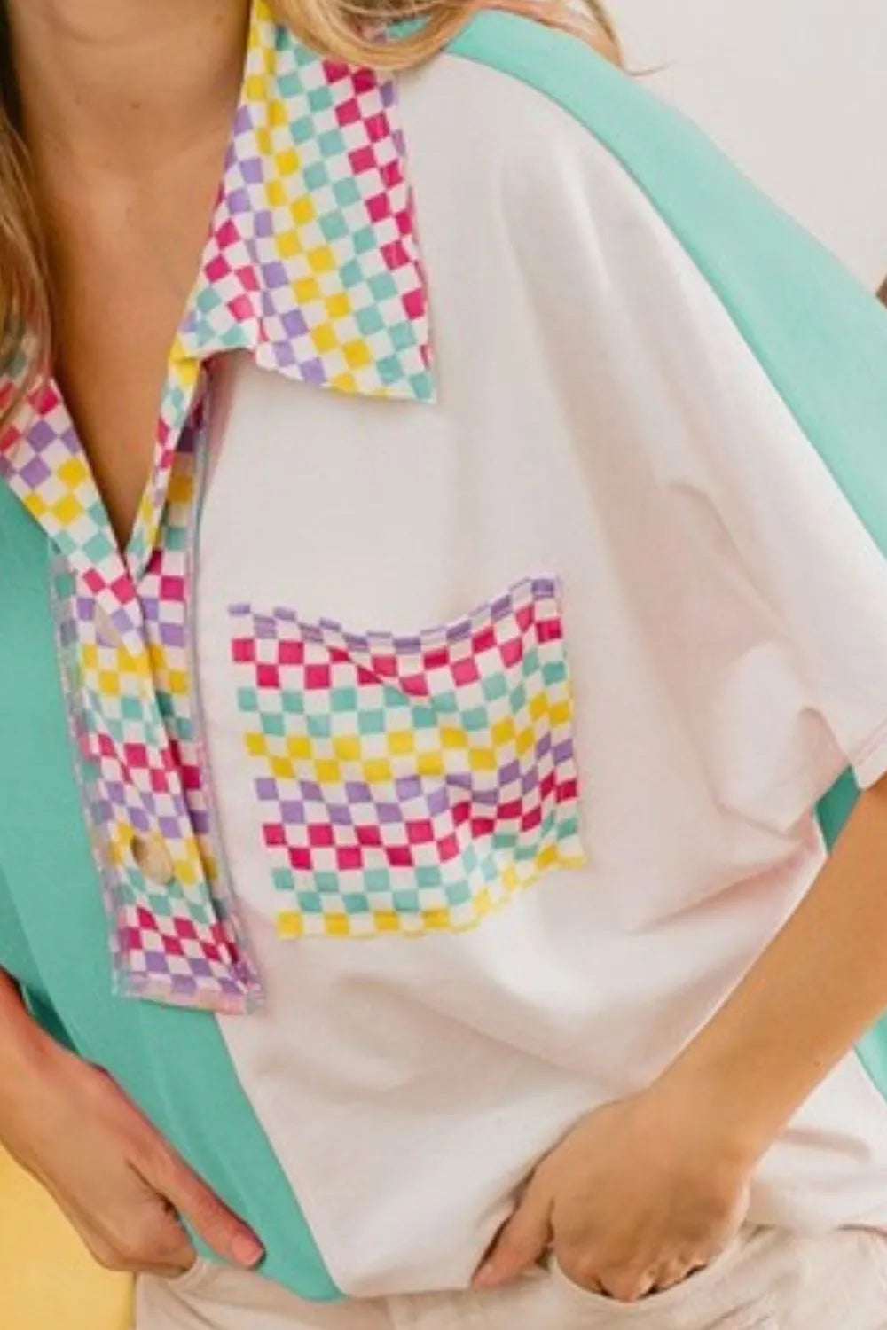 BiBi Color Block Knit with Multi Checker Contrast Top