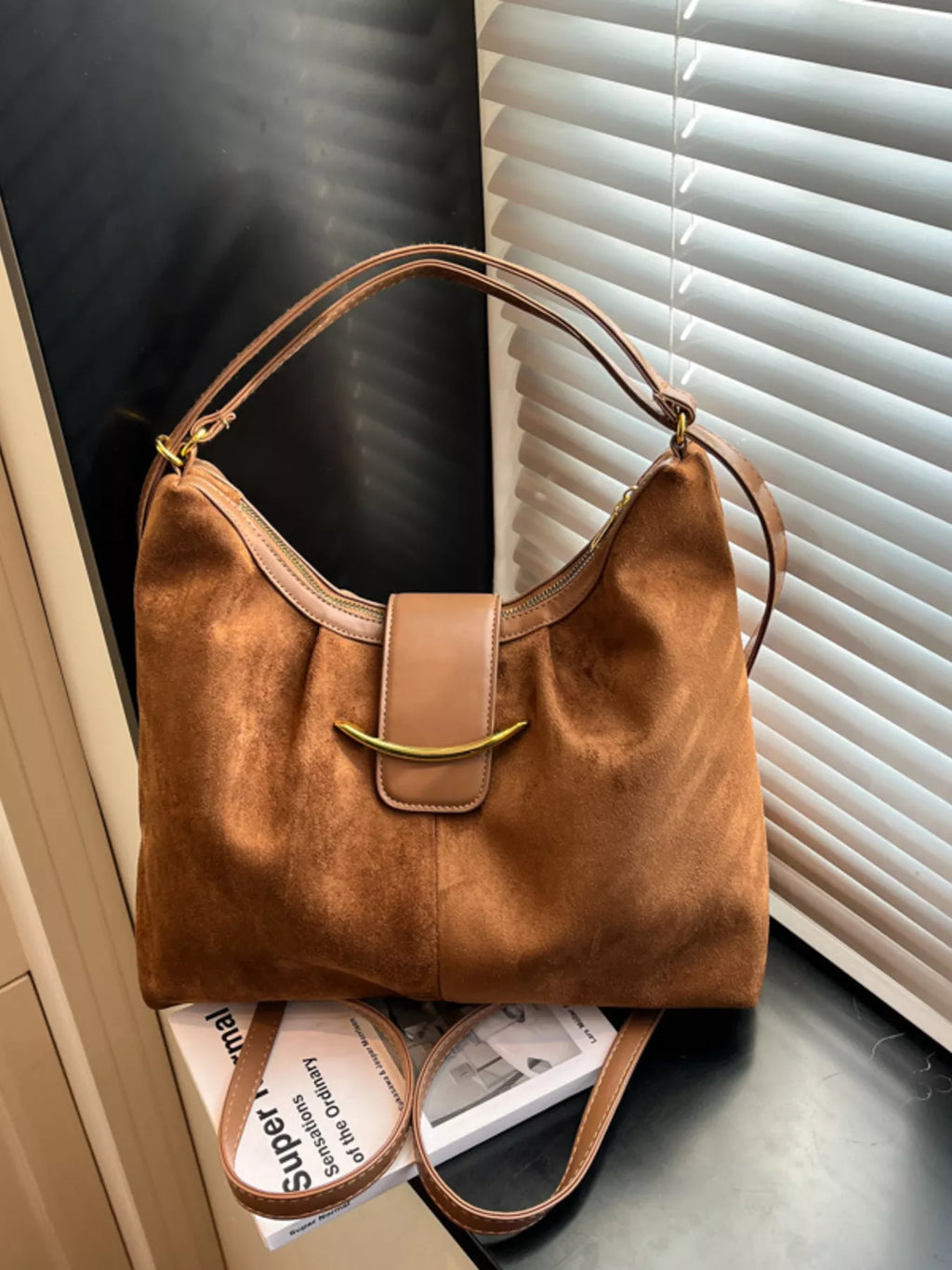 Convertible Suede Backpack Bag with Metal Accent