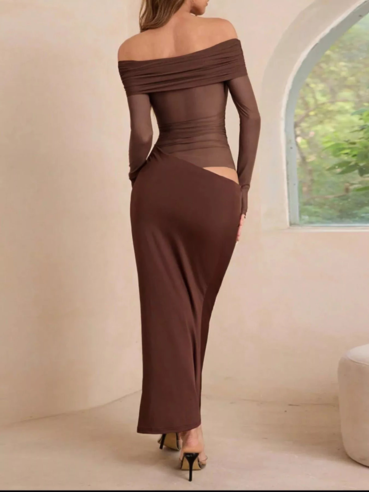 Off-Shoulder Long Sleeve Ruched Bodycon Maxi Dress