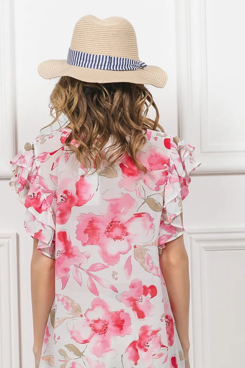 BiBi Floral Print Flutter Sheer Top