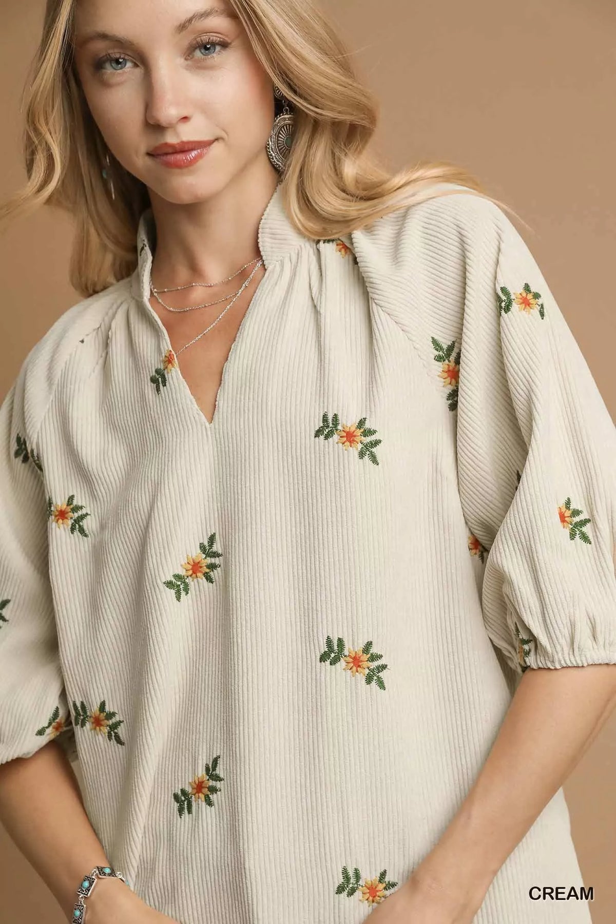 Umgee Corduroy Floral Embroidered Puff Sleeve Blouse