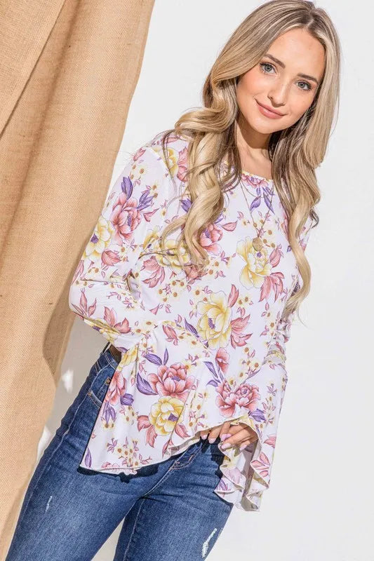 And The Why Floral Printed Bell Sleeve Casual Top