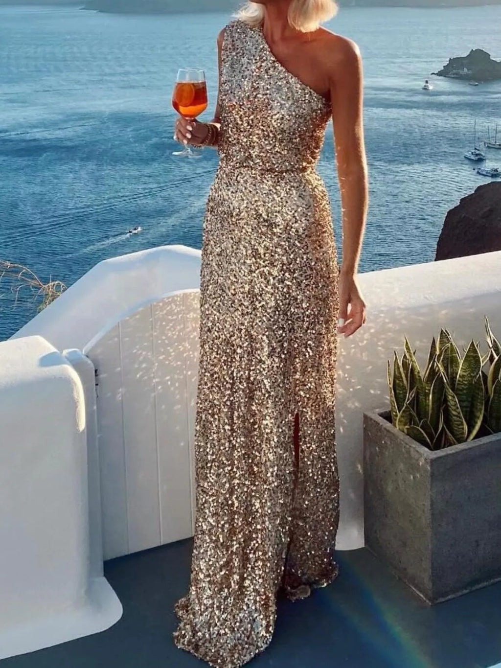 Sequin One-Shoulder Slit Maxi Dress