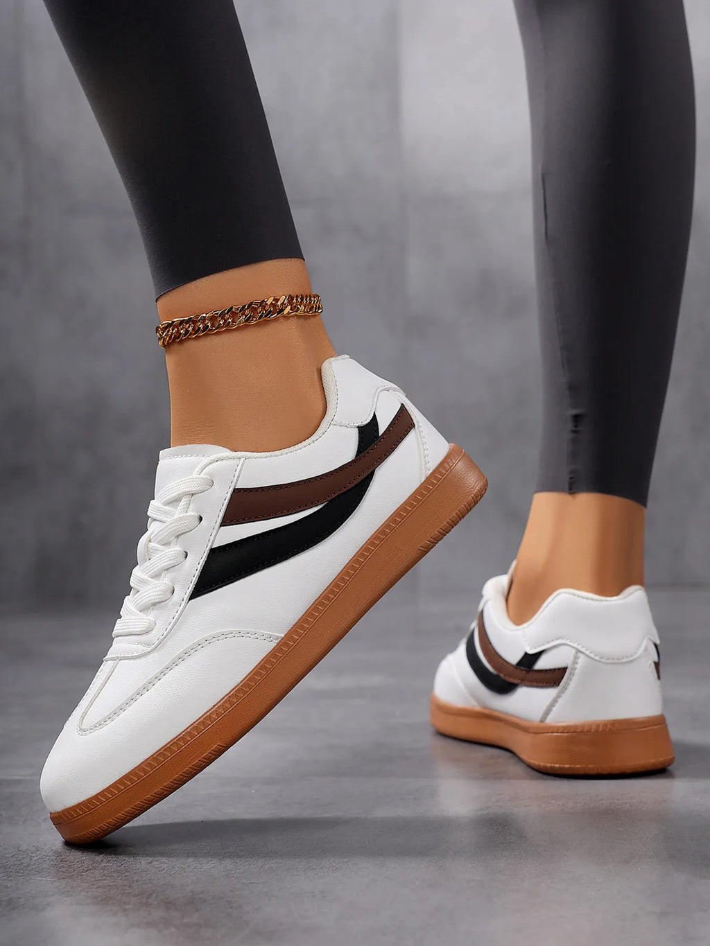 Lace Up Flat Sneakers with Stripe Accent