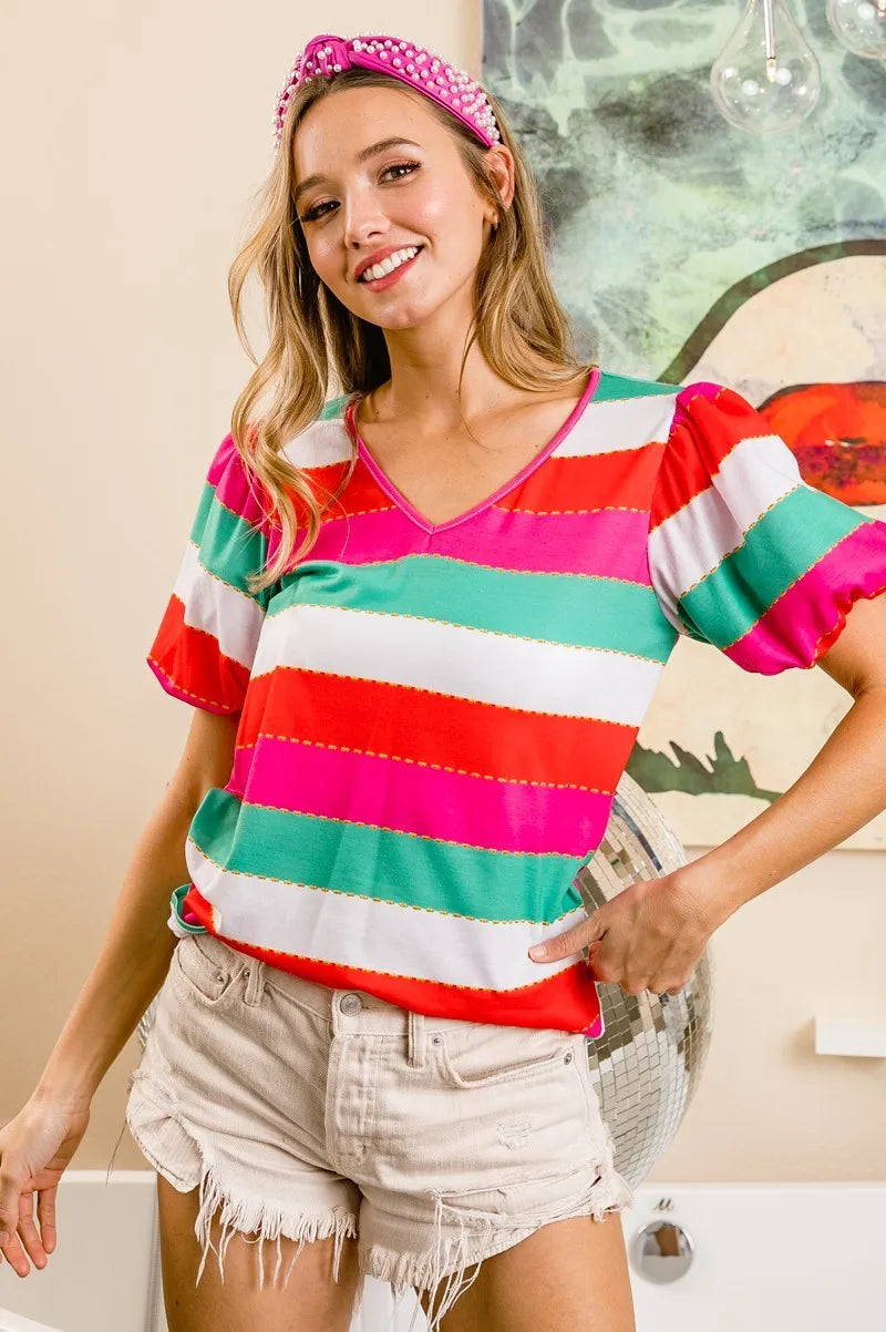BiBi Multi Stripe Color Print Puff Sleeves V Neck Top