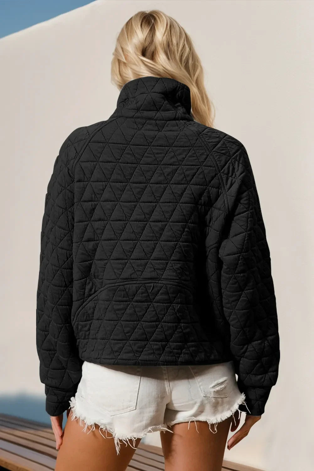 Double Take Half Zip Long Sleeve Quilted Sweatshirt With Pocket