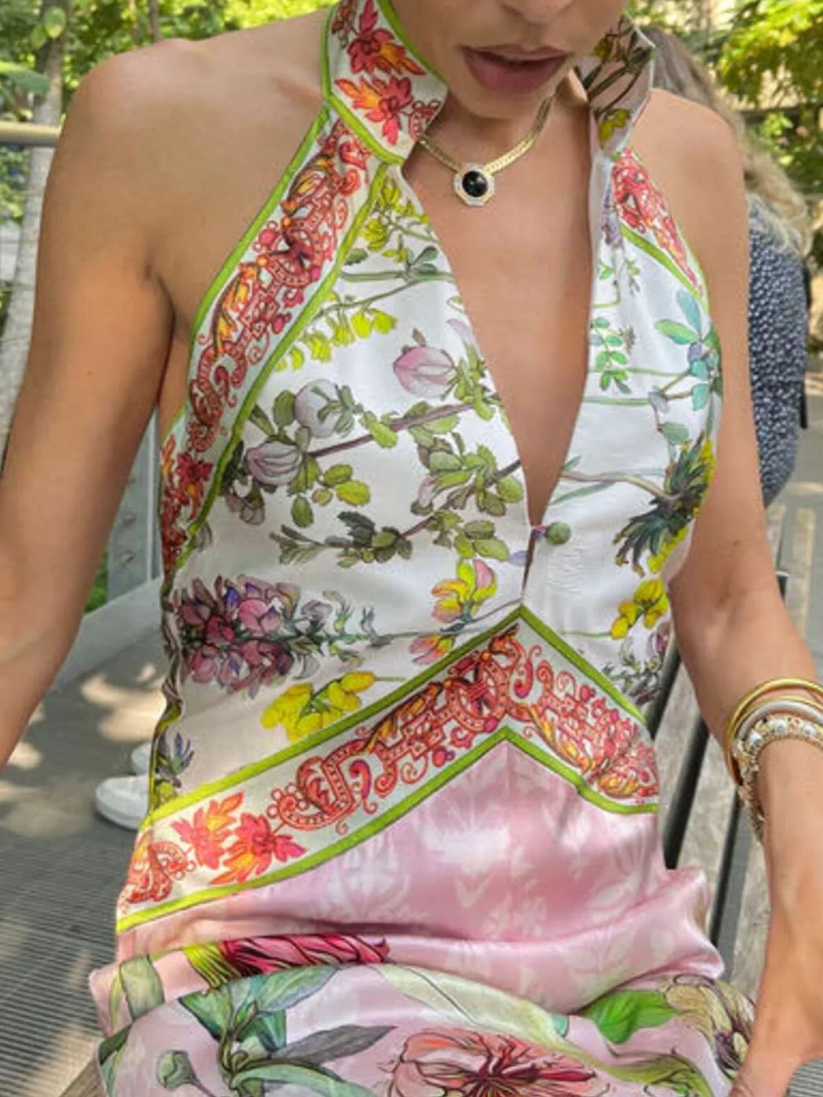 Printed Halter Neck Backless Maxi Dress
