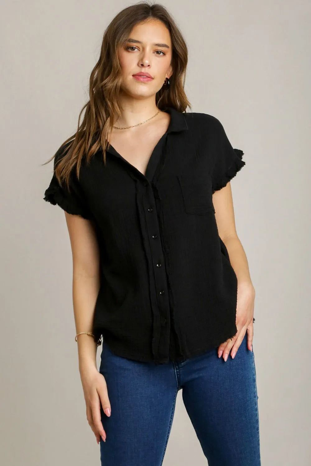 Umgee Full Size Frayed Hem Collared Neck Short Sleeve Shirt Plus
