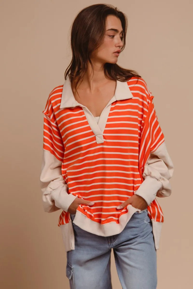 BiBi Stripe Knit Loose Fit Top With Cut Edge Detail