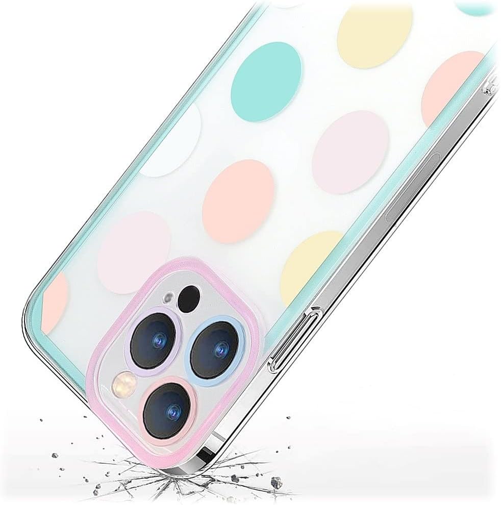 iPhone 14 Pro Max Protection Kit Bundle - Polkadot Hybrid-Flex Hard Shell Case with Tempered Glass Screen and Camera Protector (Clear/Pink/Teal)