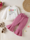 Children's Floral Applique Ribbed Top & Flare Leg Pants Set
