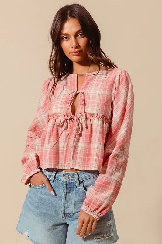 SO ME Front Tie Checkered Plaid Blouse